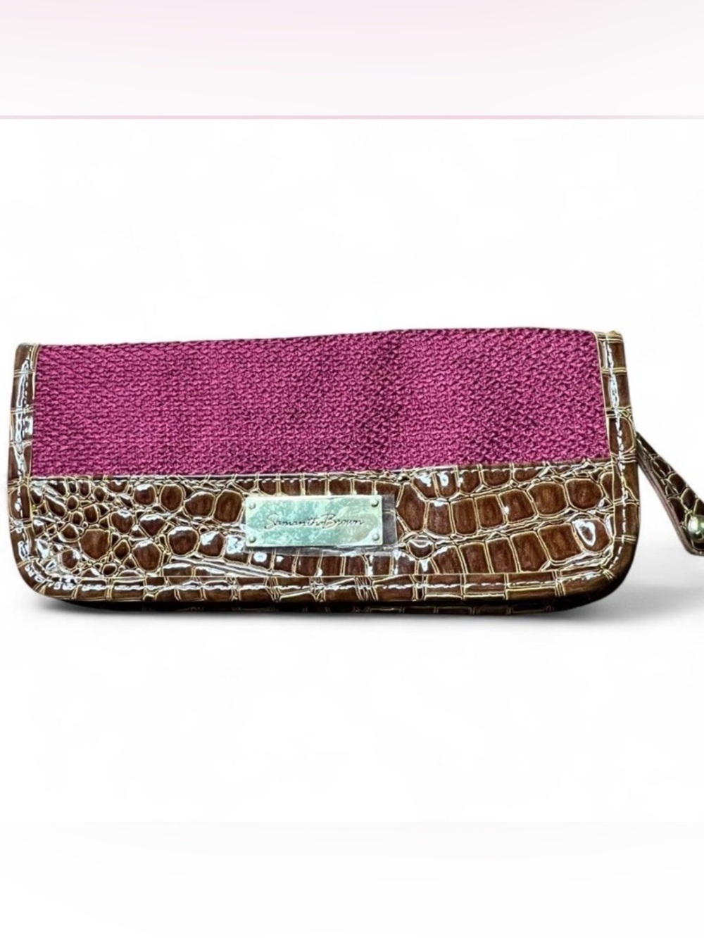 Samantha Brown Tweed & Crocodile Trim Pink and Brown Clutch Passport Wallet NEW